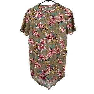 Young & Reckless Shirt Mens Small Tan Floral Dragons Print 100% Cotton Preppy
